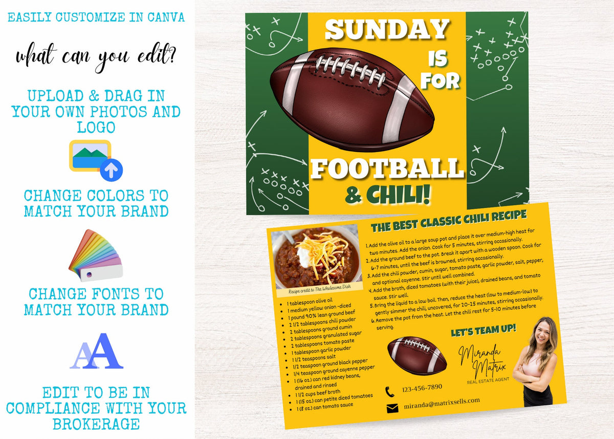 Football and chili real estate marketing card mockup with recipe postcard and mailing design