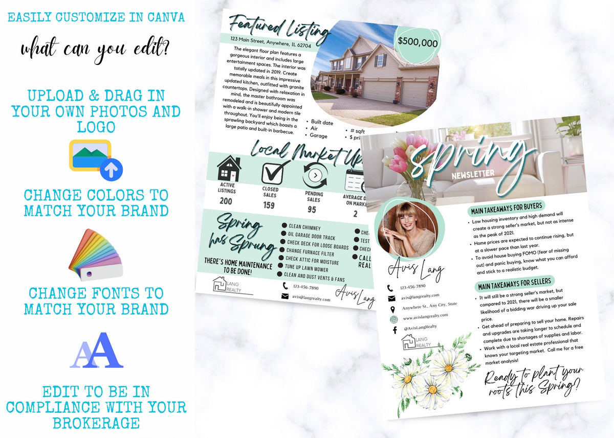 Printable spring Realtor newsletter featuring home maintenance tips, seasonal content, market information, and client engagement activities.