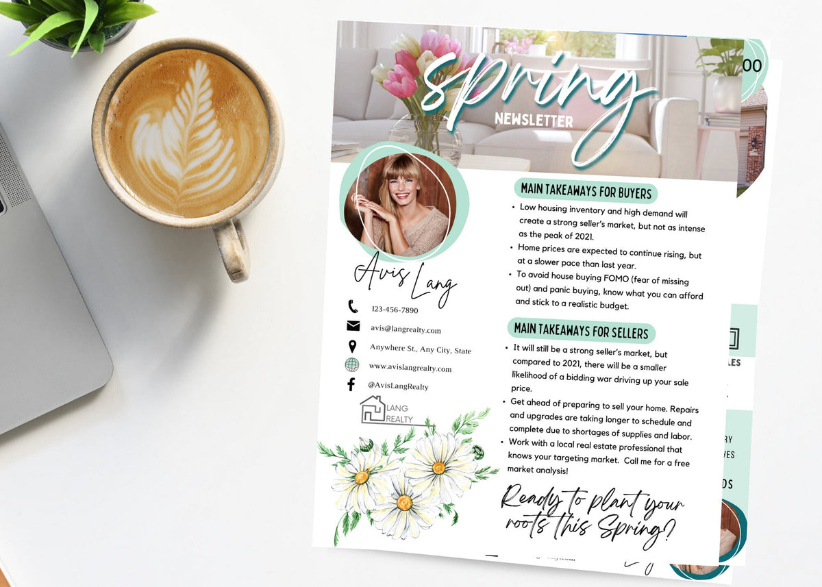 Editable Realtor marketing template for spring client mailers, neighborhood farming, email marketing, open houses, and monthly client touchpoints.