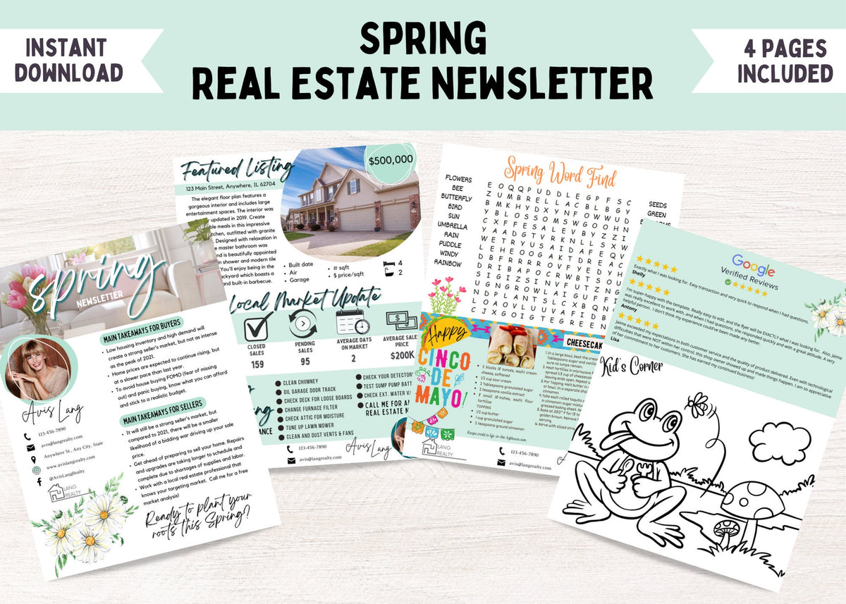 Editable spring realtor newsletter template for Canva with seasonal real estate content, homeowner tips, recipes, and market updates.