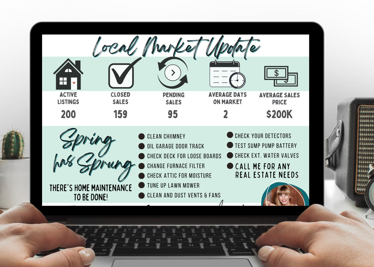 Spring realtor newsletter template for Canva featuring seasonal real estate content, homeowner tips, market updates, recipes, listings, and client engagement pages.