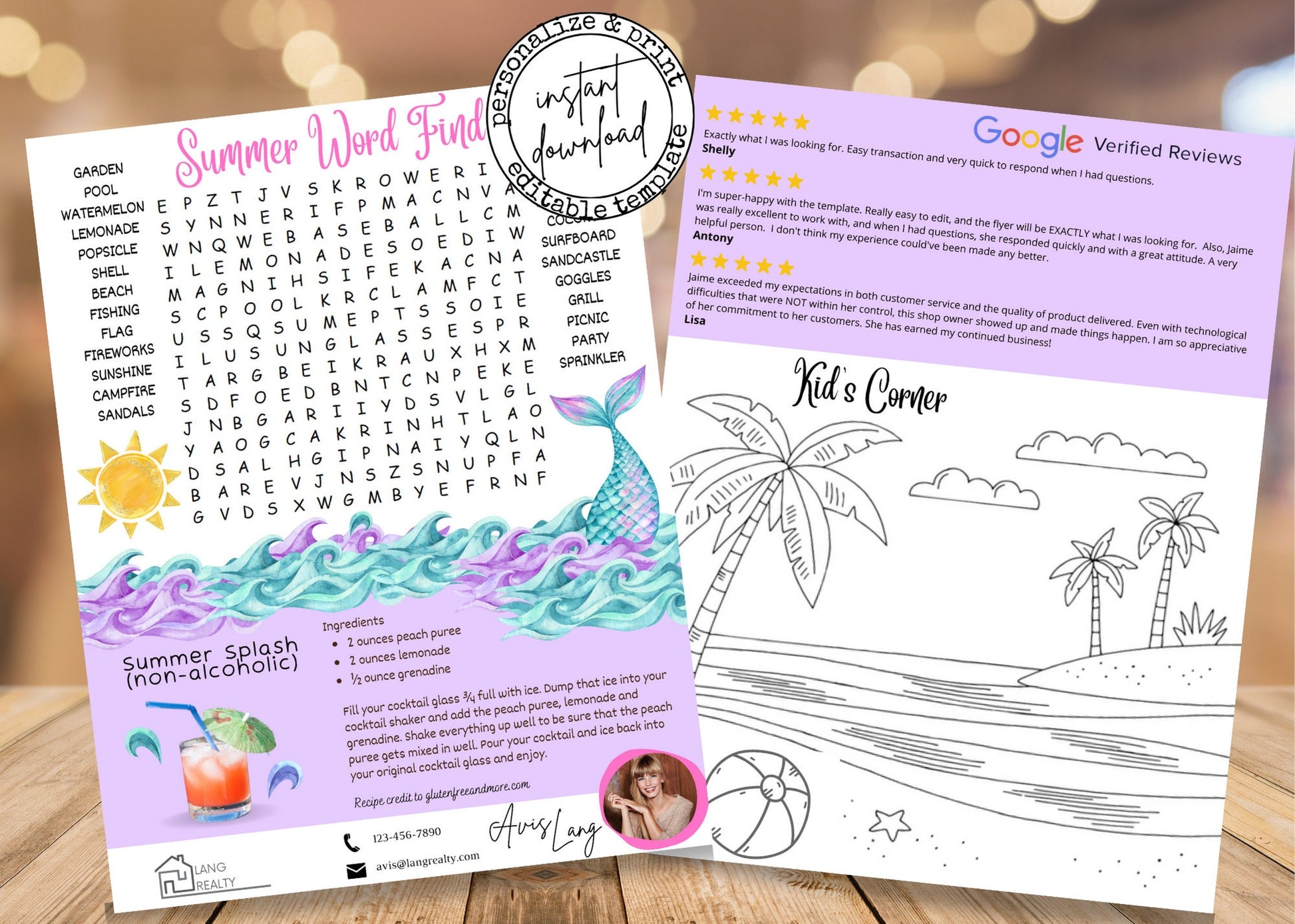 Editable Canva summer real estate newsletter featuring home selling tips, featured property section, Google reviews, kids activities, and vibrant seasonal artwork.