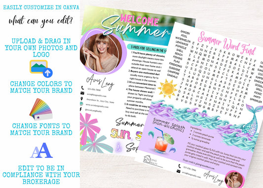 Summer realtor marketing flyer featuring a luxury home listing, local market update section, fun summer jokes, and bright beach-inspired graphics for real estate client outreach.