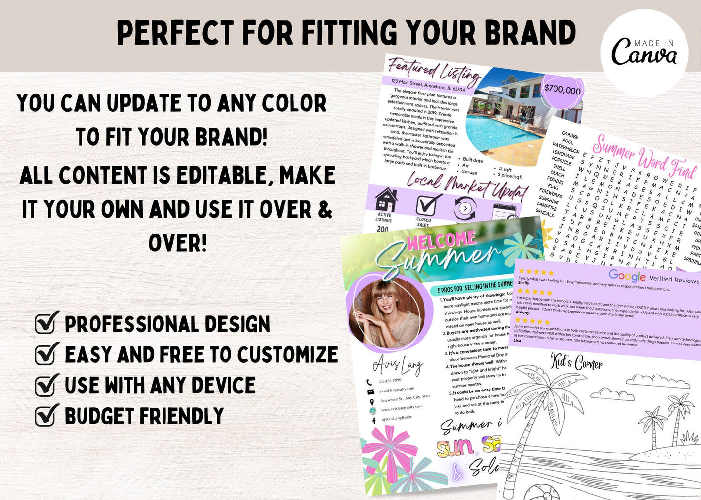 Real estate summer newsletter template with word search puzzle, kid’s coloring page, non-alcoholic summer drink recipe, testimonials, and seasonal homeowner tips.