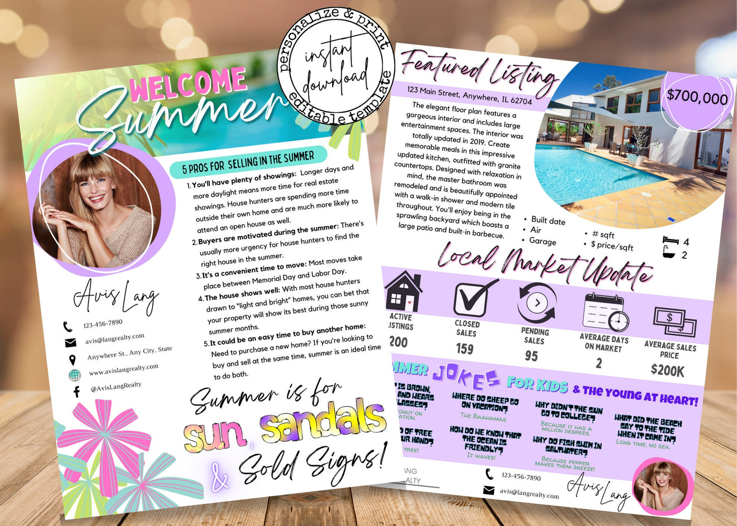 Modern summer-themed realtor postcard and newsletter bundle with playful typography, tropical waves, mermaid illustration, and client-friendly summer content.