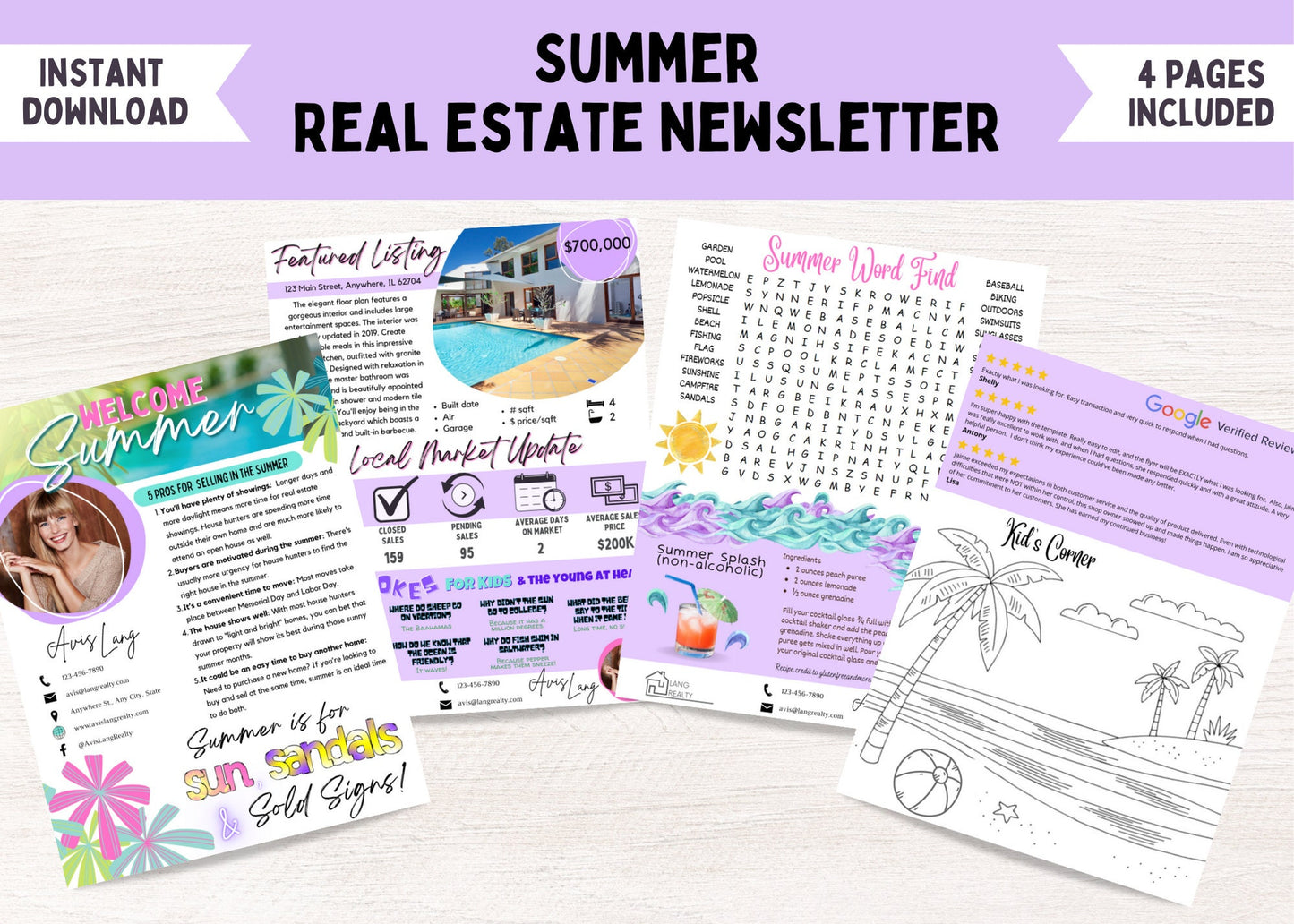 Colorful summer real estate newsletter template with tropical graphics, realtor branding, featured listing, market statistics, and summer-themed design in pink, teal, and purple tones.
