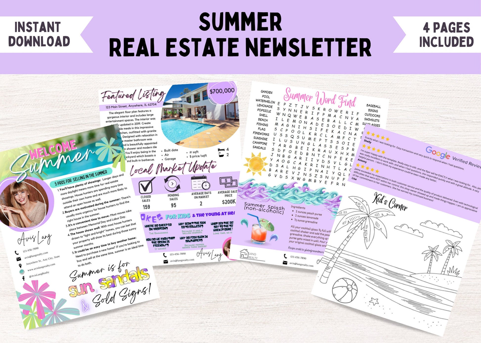 Colorful summer real estate newsletter template with tropical graphics, realtor branding, featured listing, market statistics, and summer-themed design in pink, teal, and purple tones.