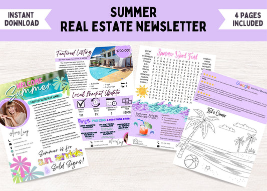 Colorful summer real estate newsletter template with tropical graphics, realtor branding, featured listing, market statistics, and summer-themed design in pink, teal, and purple tones.