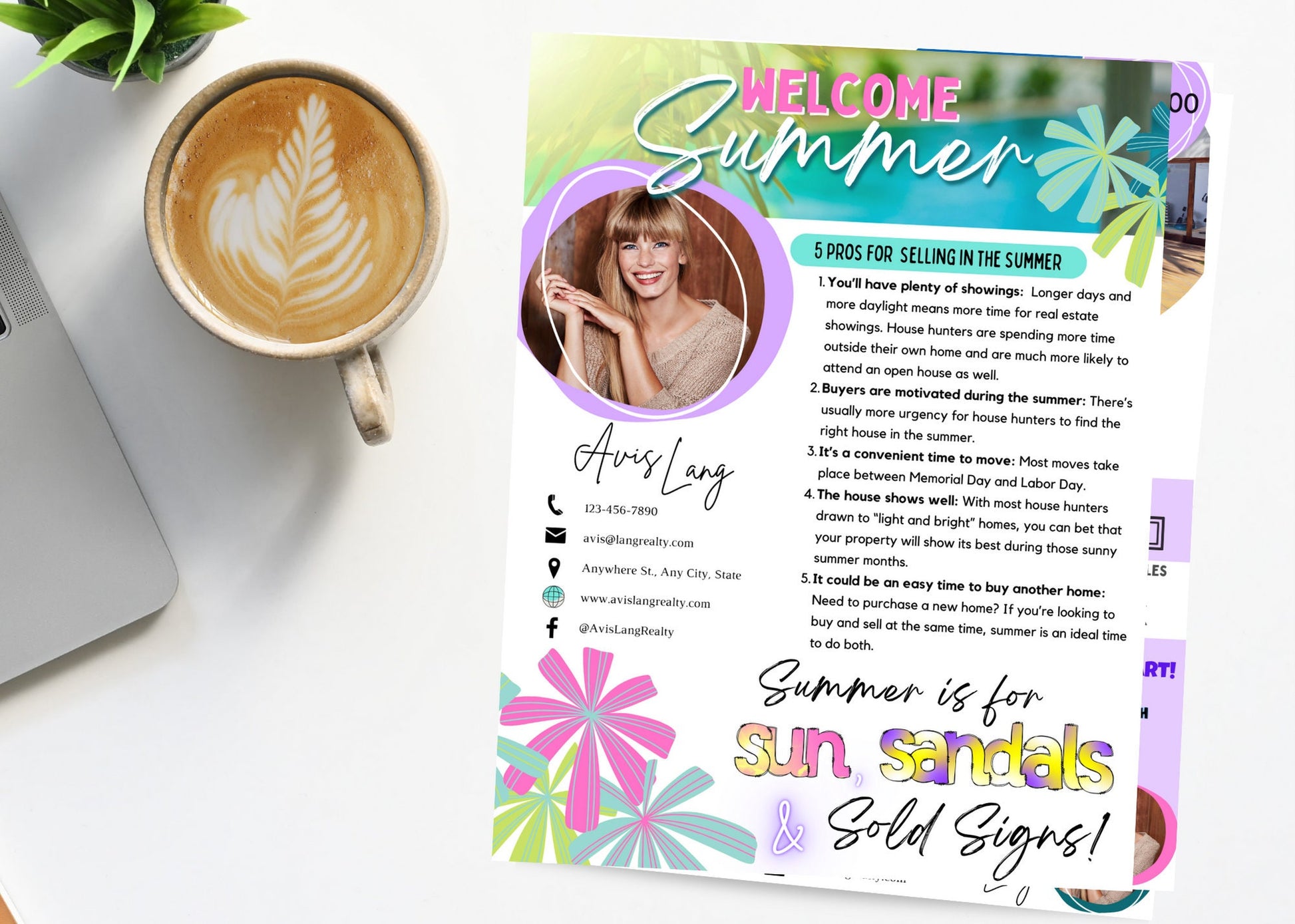 Fun and engaging summer real estate marketing template designed for agents, including local housing market stats, family-friendly activities, and beach-inspired branding elements.