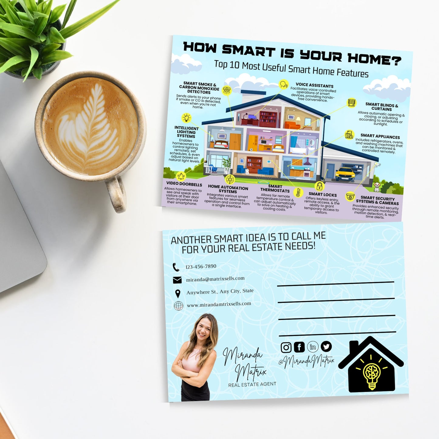 Modern realtor marketing template showcasing smart home devices, intelligent lighting systems, and home automation benefits for buyers.