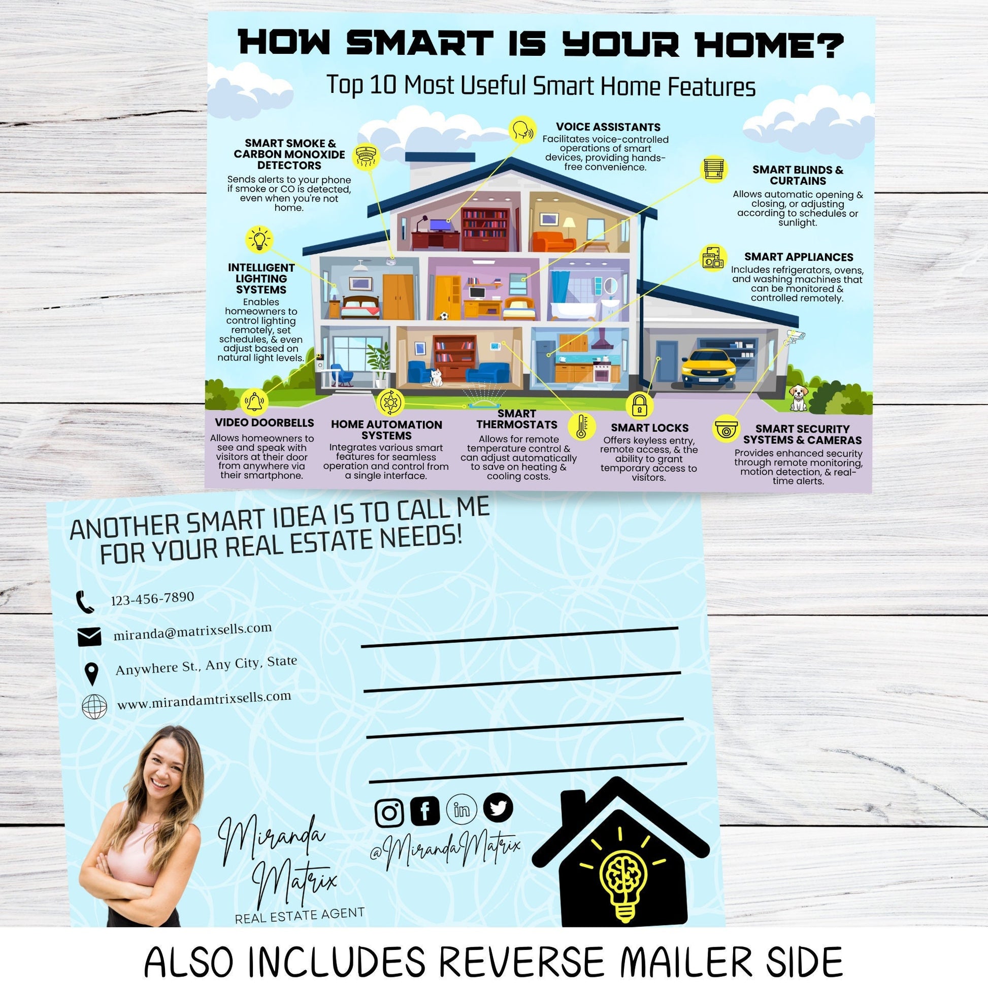 Smart home real estate postcard template with modern house illustration, smart technology features, and tech-inspired realtor marketing design.