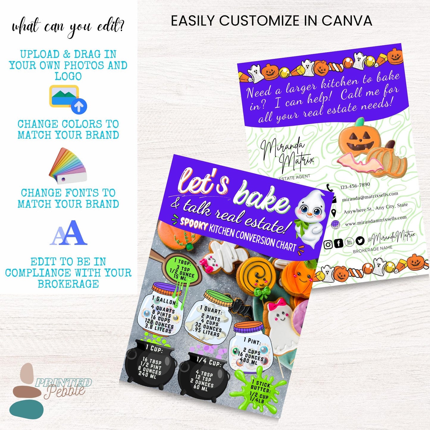 Spooky Canva realtor postcard template with Halloween baking graphics, recipe-inspired marketing theme, and customizable agent branding.