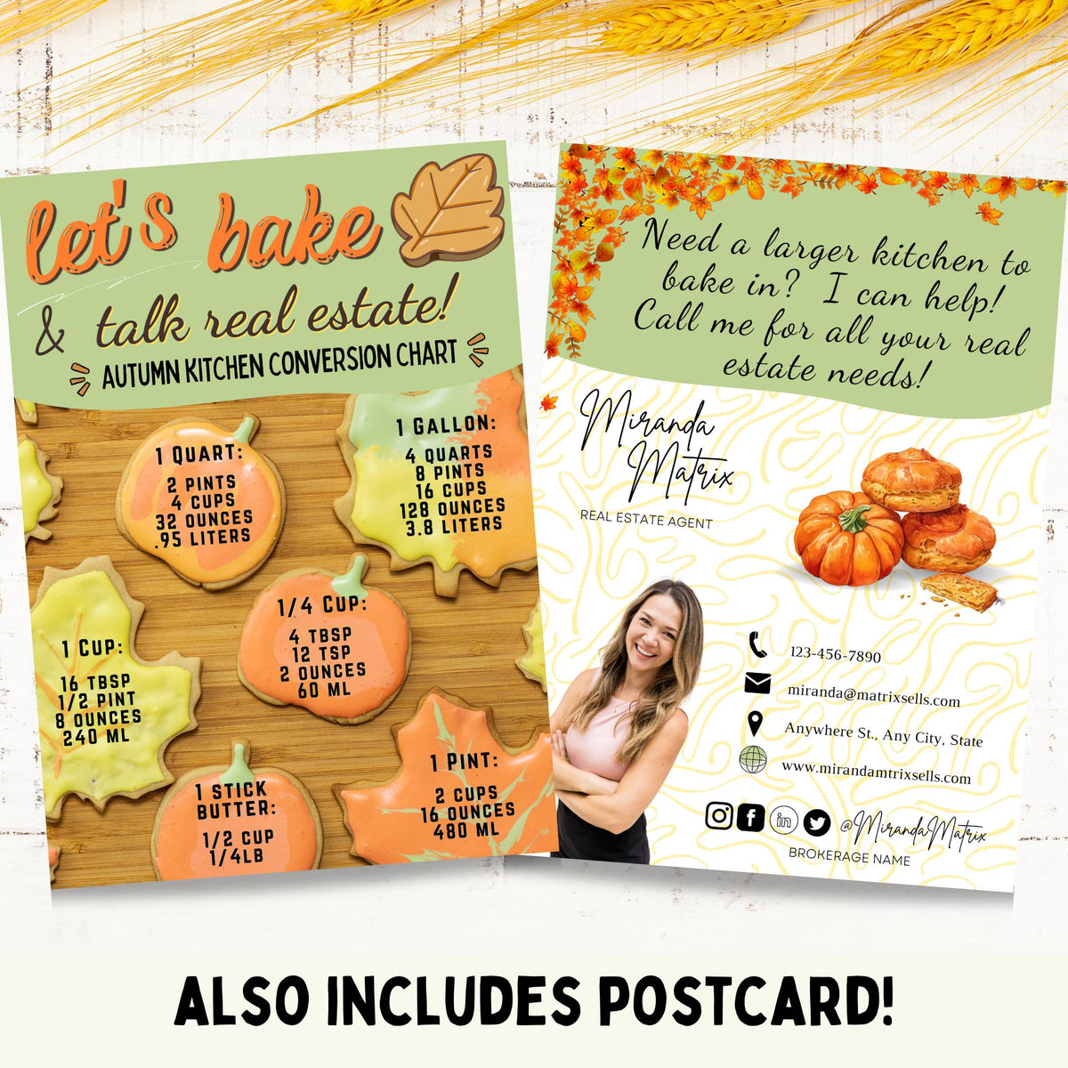 Fall realtor pop-by kitchen conversion chart with autumn leaves and pumpkins