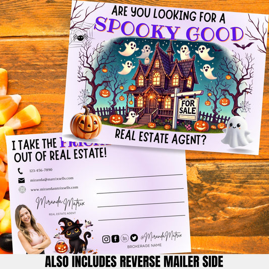 Halloween realtor postcard template featuring haunted house artwork, ghosts, pumpkins, and spooky real estate marketing slogans with editable branding