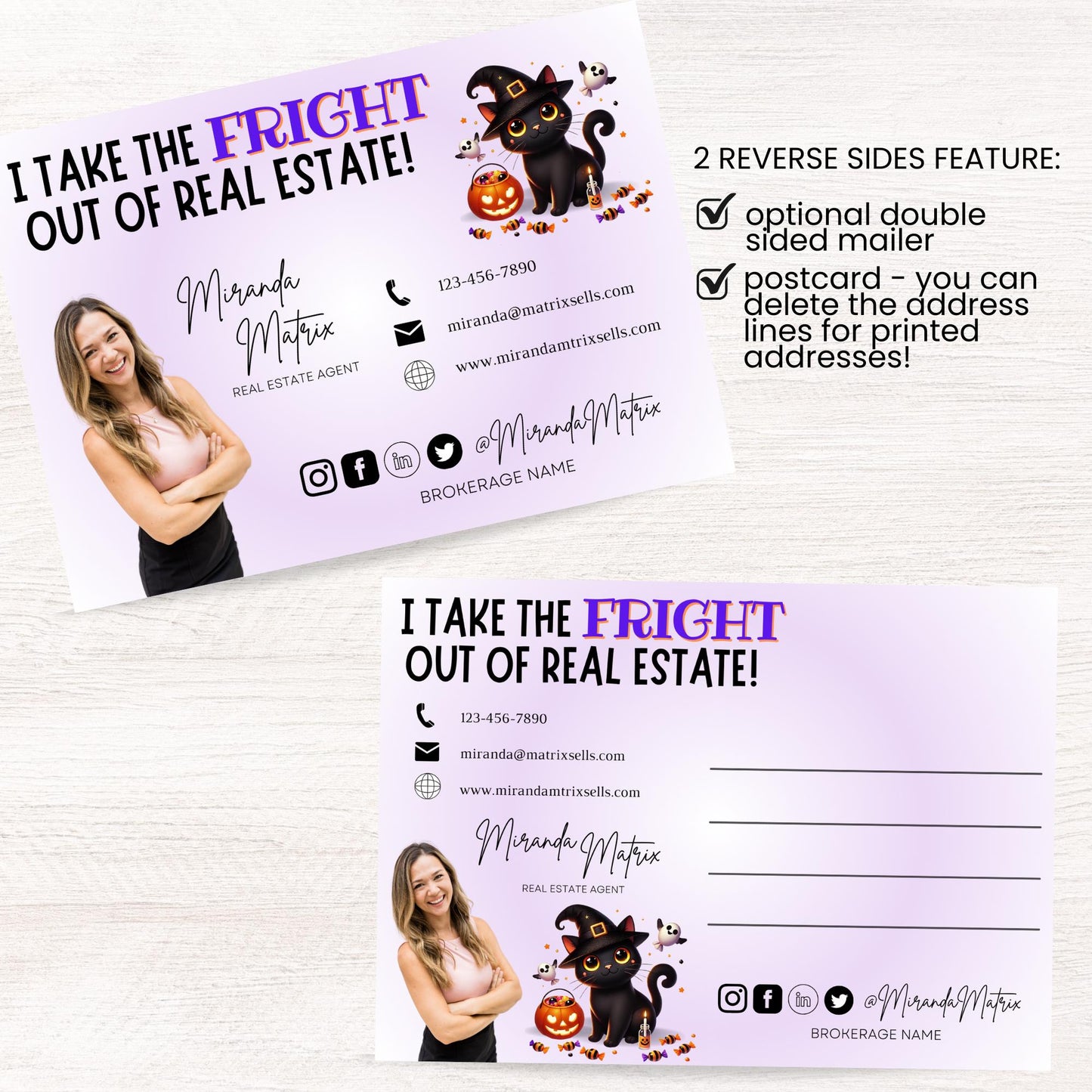 Cute Halloween real estate postcard with black cat illustration, ghost graphics, and customizable realtor contact information for fall marketing.