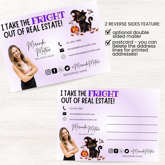 Cute Halloween real estate postcard with black cat illustration, ghost graphics, and customizable realtor contact information for fall marketing.