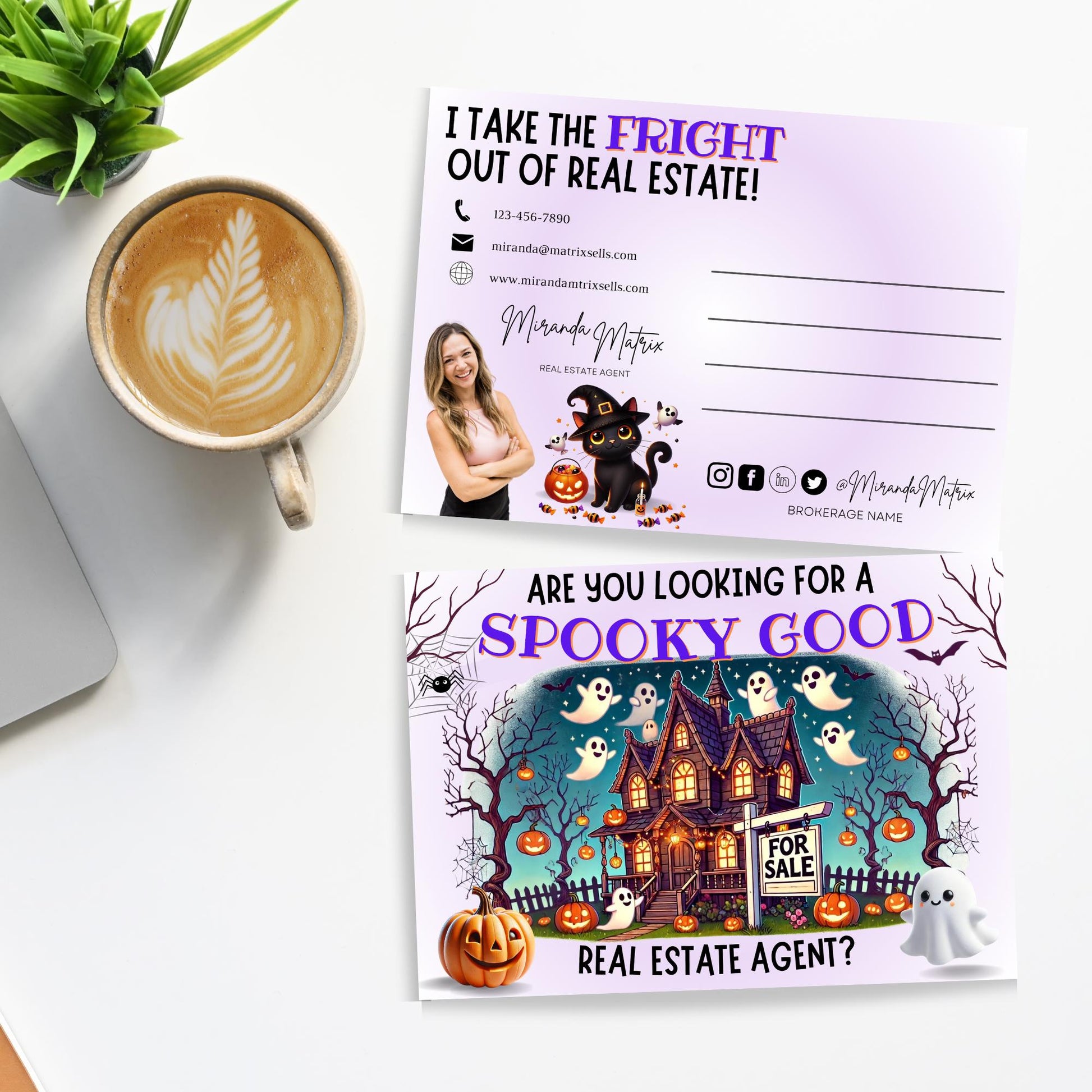 Spooky cute realtor marketing postcard featuring black cat Halloween artwork and editable real estate contact information