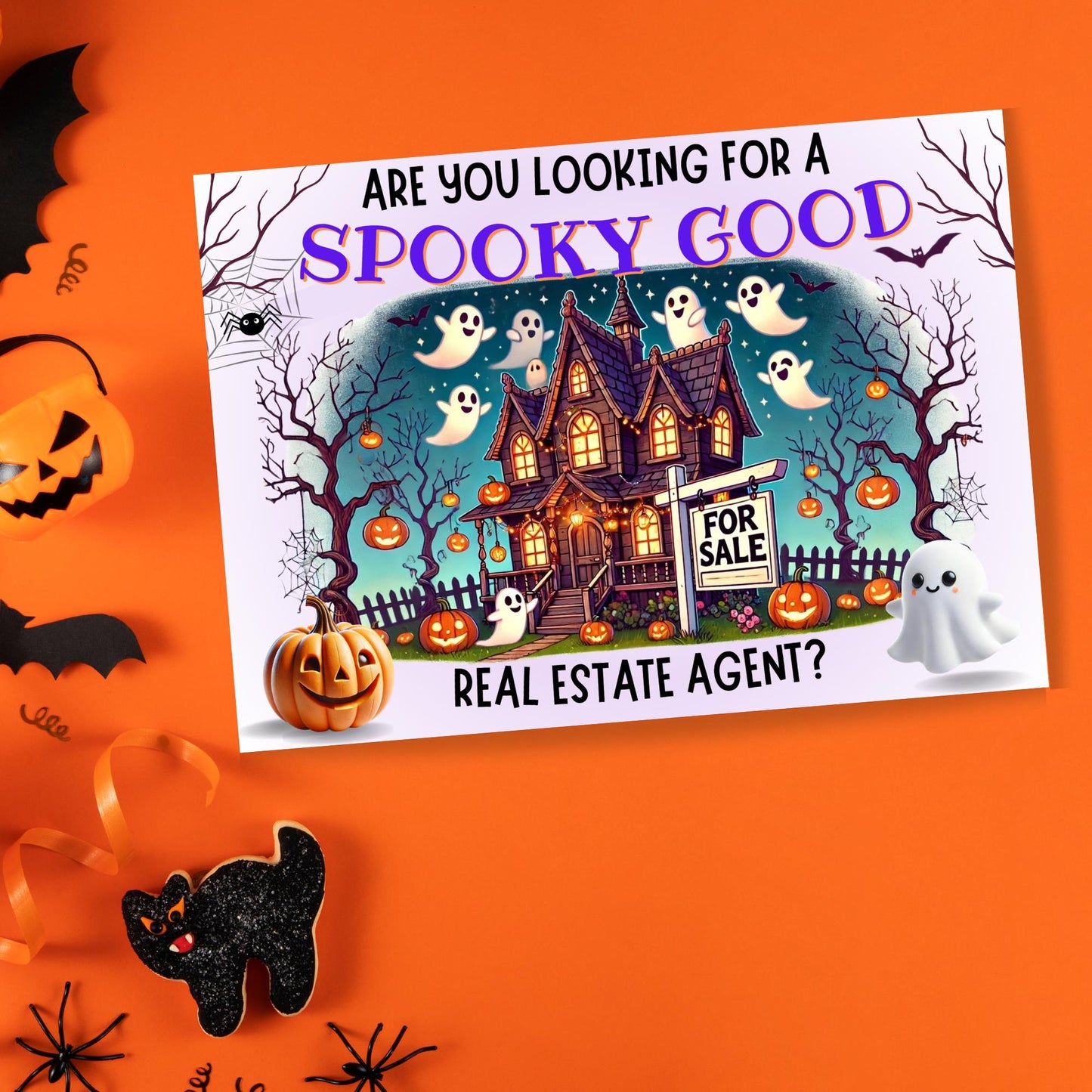 Halloween-themed real estate mailer template with playful ghost illustrations, pumpkins, and customizable realtor branding sections