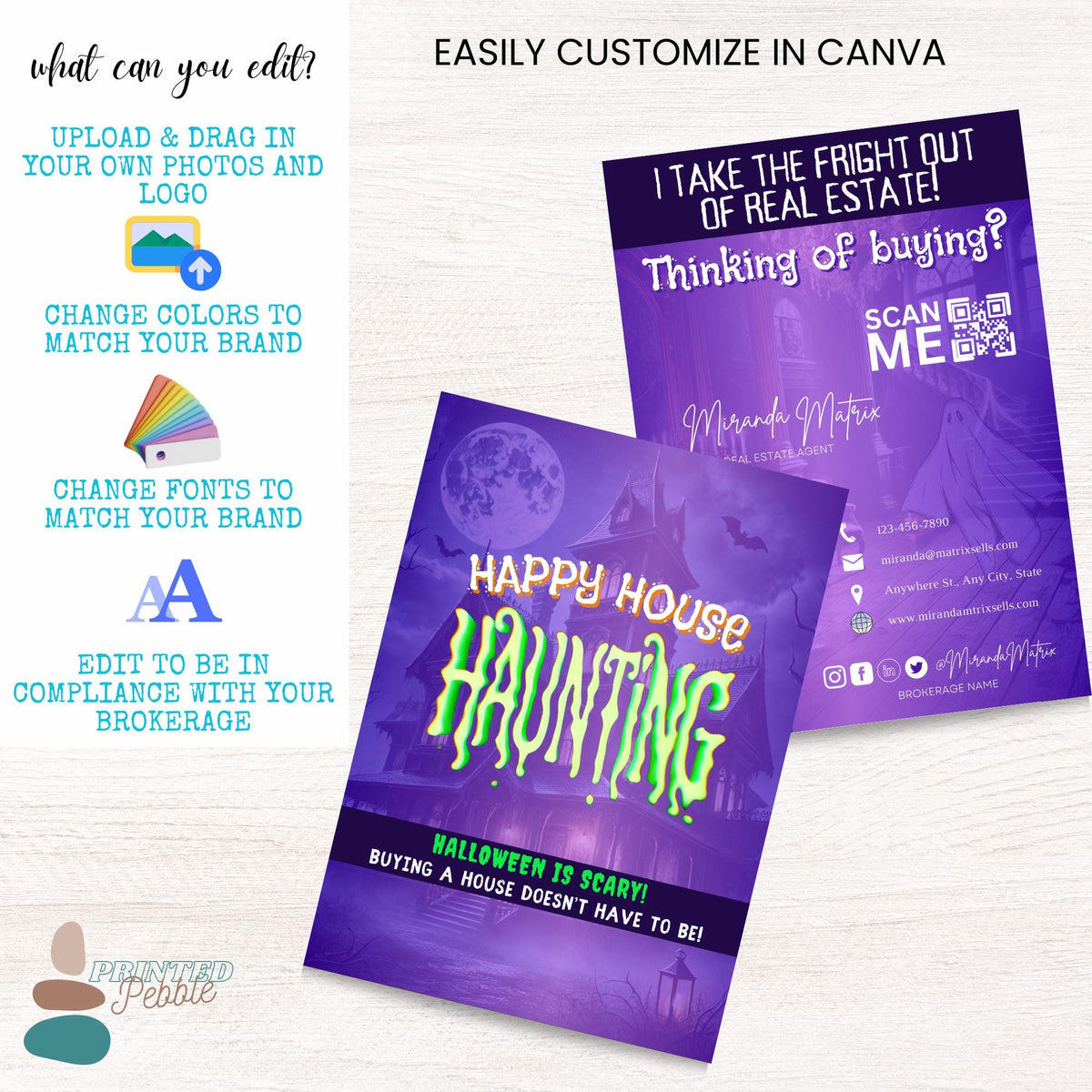 Halloween realtor mailing postcard with haunted house design, QR code, address lines and customizable agent branding