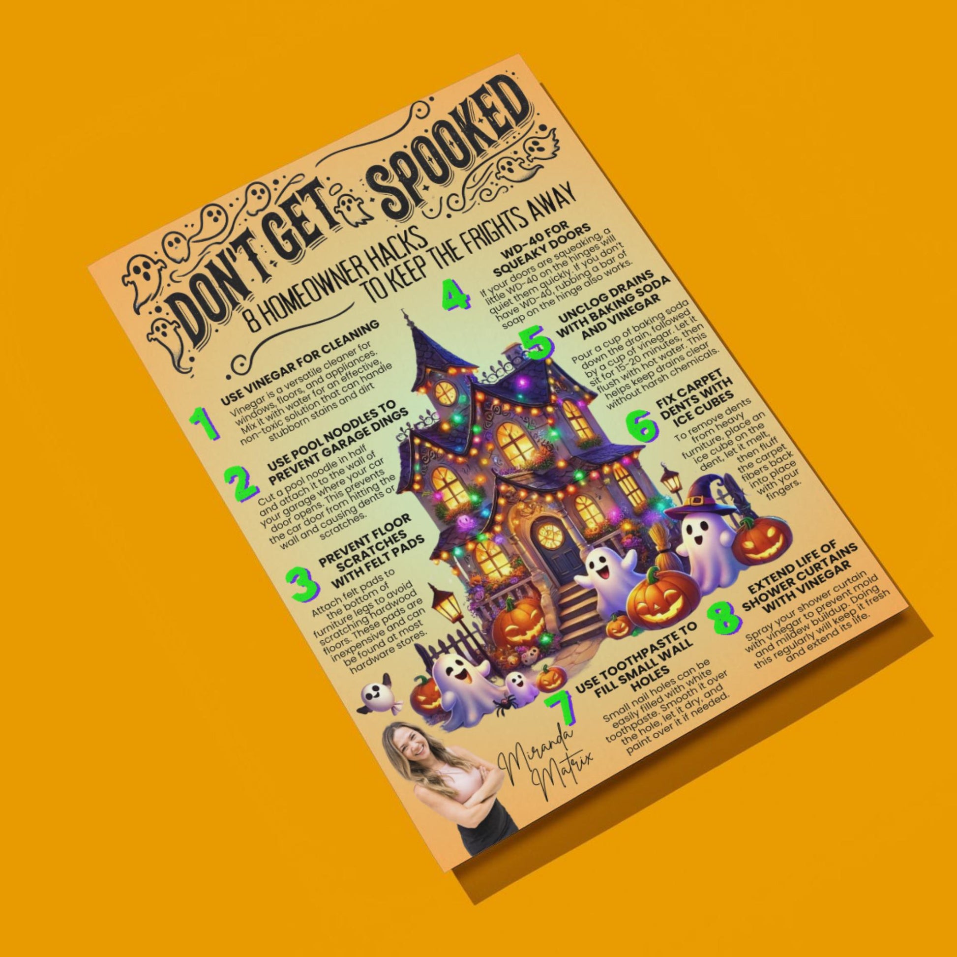 Editable Halloween Realtor postcard featuring eight homeowner maintenance hacks, haunted house graphics, ghosts, pumpkins, and customizable Realtor branding in Canva.
