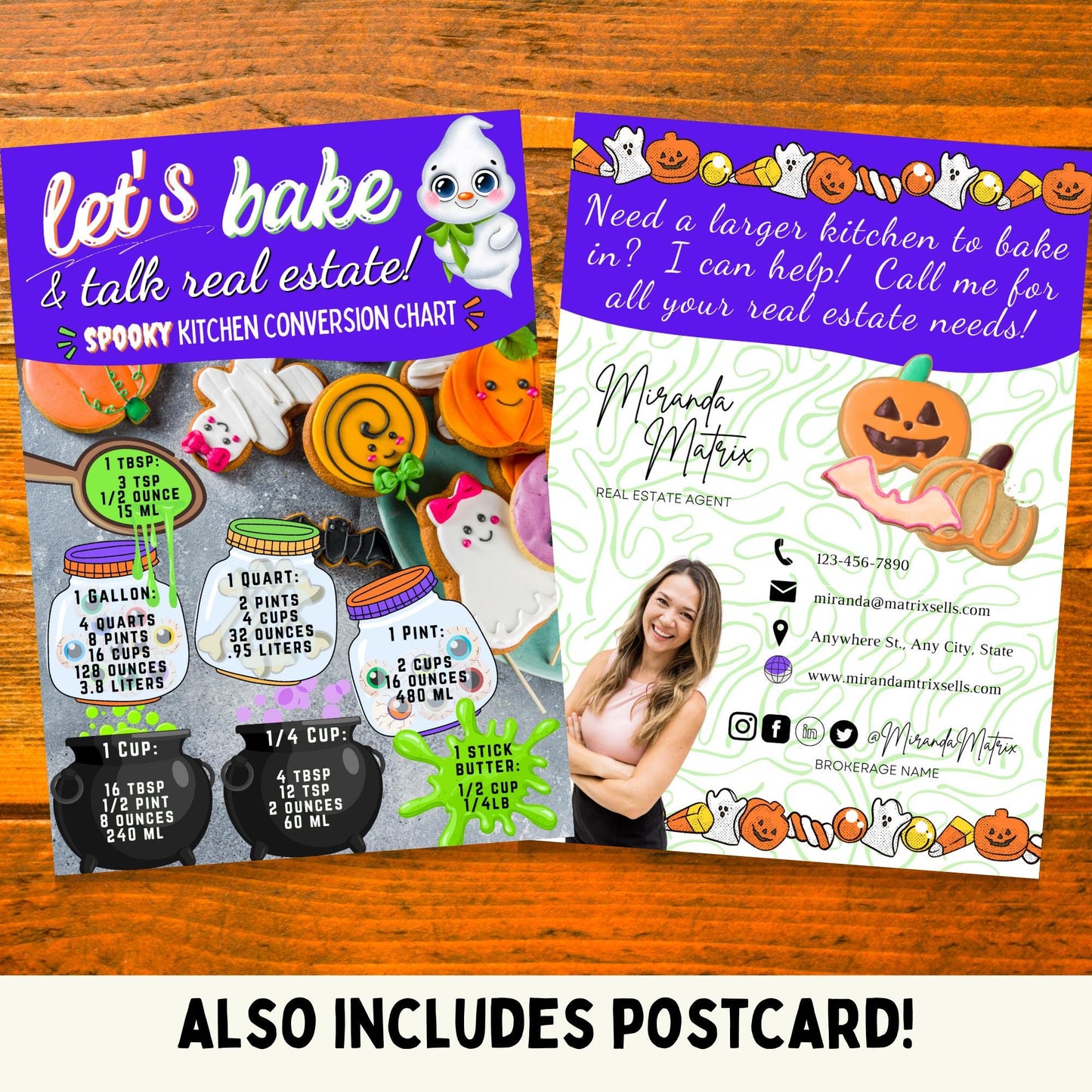 Fun fall realtor postcard design with ghost cookies, pumpkin treats, kitchen conversion guide, and editable social media and contact sections.