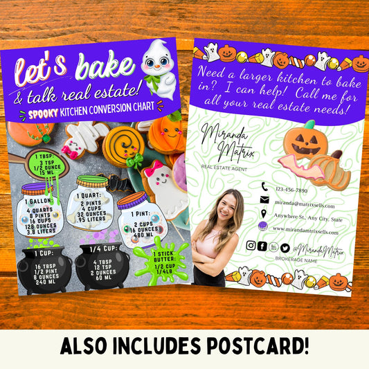Fun fall realtor postcard design with ghost cookies, pumpkin treats, kitchen conversion guide, and editable social media and contact sections.