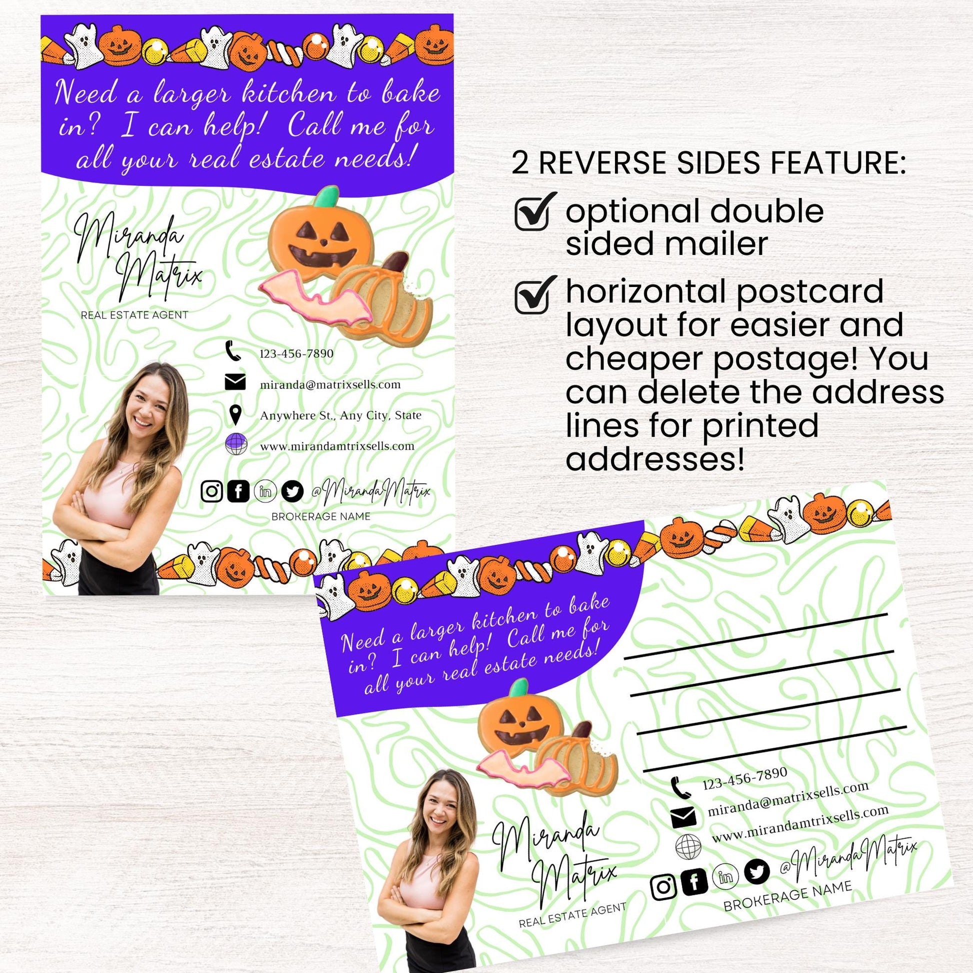 Halloween real estate postcard template with spooky baking theme, ghost graphics, candy corn borders, and kitchen conversion chart for realtors.