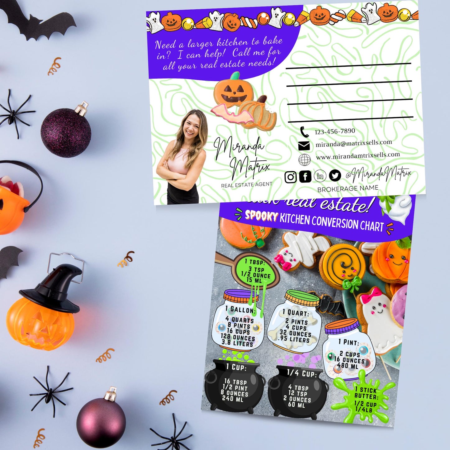 Halloween-themed real estate marketing postcard featuring candy borders, baking measurements, realtor contact information, and playful seasonal artwork.