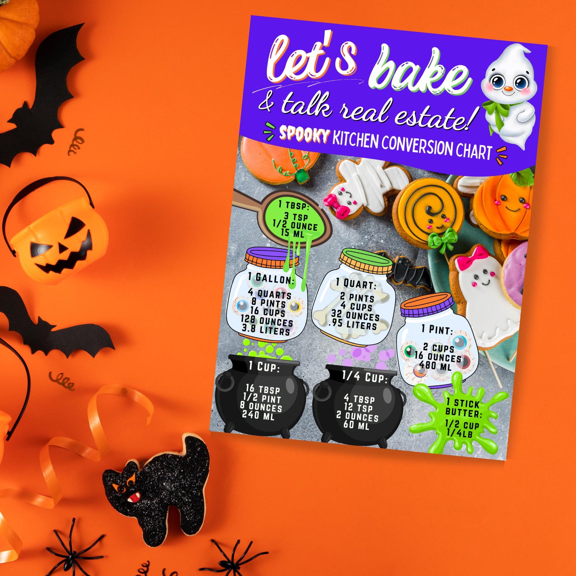 Editable Halloween realtor mailer featuring pumpkin cookies, baking conversion chart, cute ghost illustration, and colorful purple and orange seasonal design.