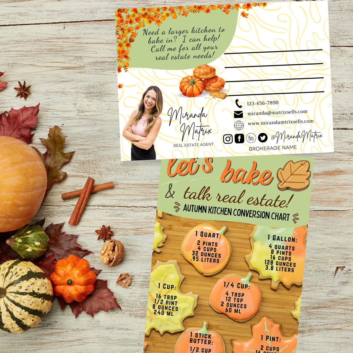 Autumn Realtor marketing postcard with customizable agent contact information