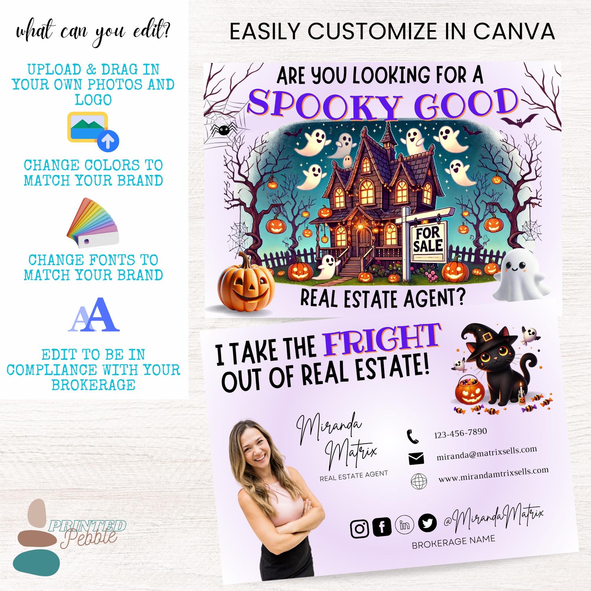 Editable Canva realtor postcard featuring spooky season artwork, haunted house graphics, and “Take the Fright Out of Real Estate” wording.