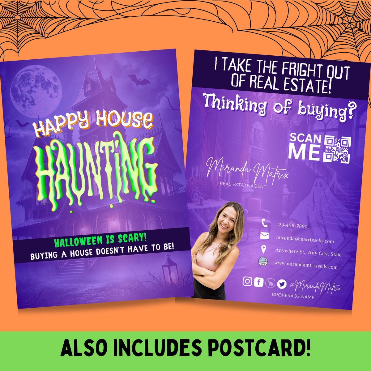 Halloween realtor postcard with purple haunted house, bats and Happy House Haunting home buying message