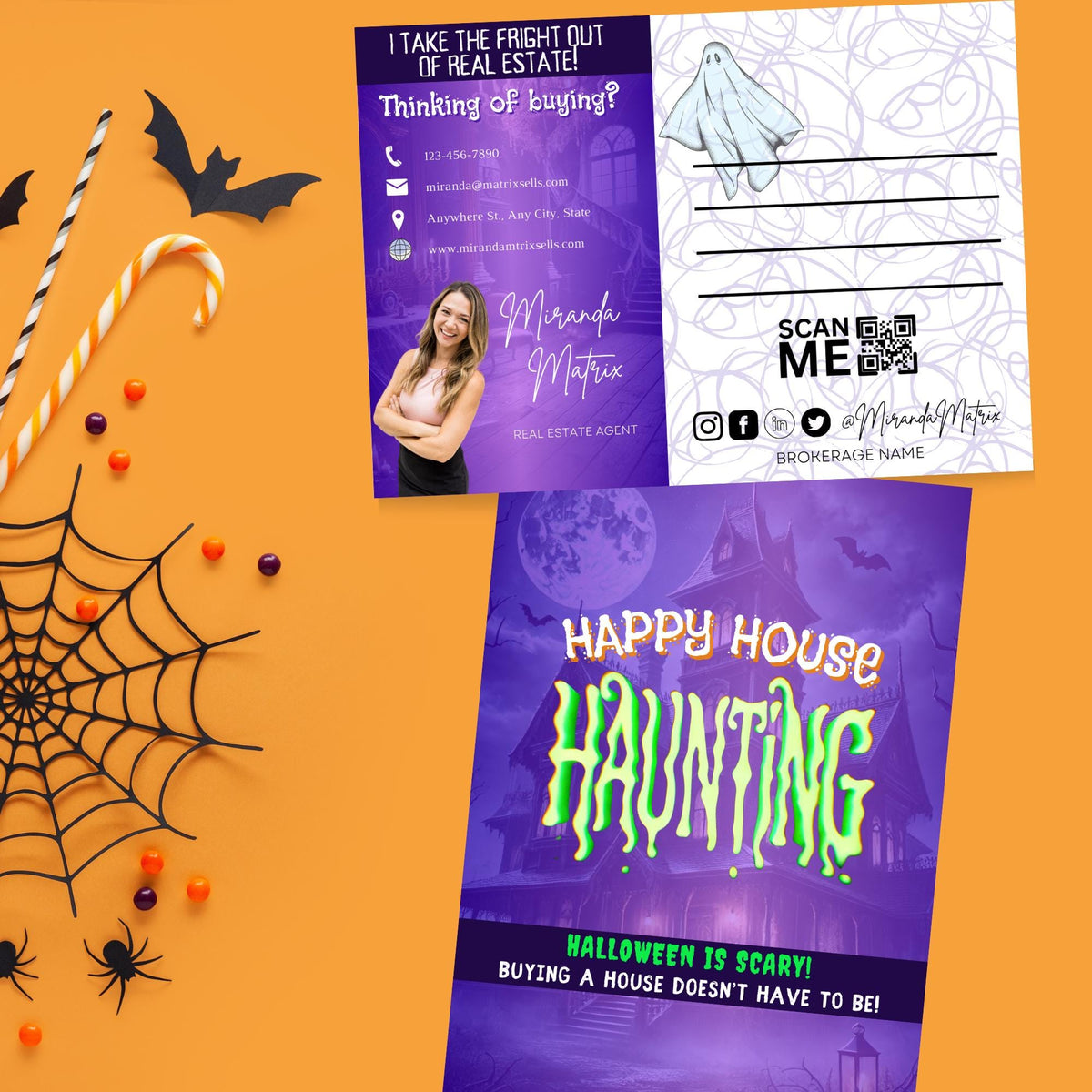 Halloween real estate postcard with agent photo, QR code, contact information and I Take the Fright Out of Real Estate message