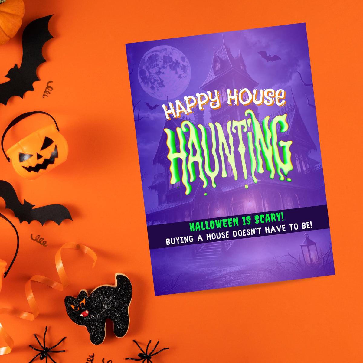 Halloween realtor postcard with purple haunted house, bats and Happy House Haunting home buying message