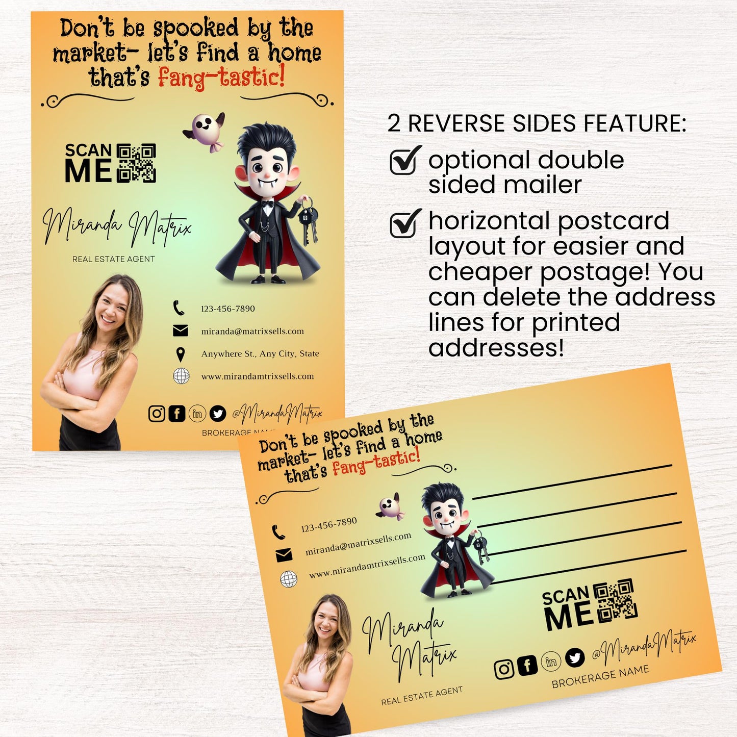 Halloween real estate marketing Canva template with practical homeowner tips, cute vampire Realtor design, QR code, and editable contact information.