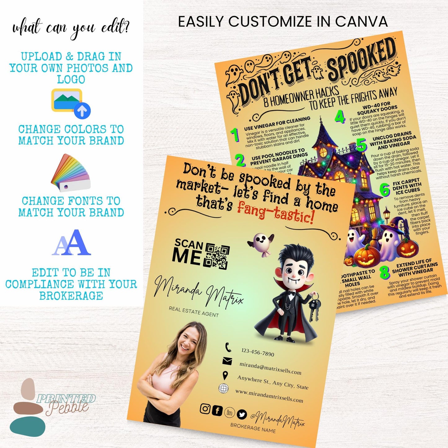 Printable Halloween Realtor postcard with home maintenance tips, haunted house illustration, Halloween graphics, and customizable front and back Canva template.