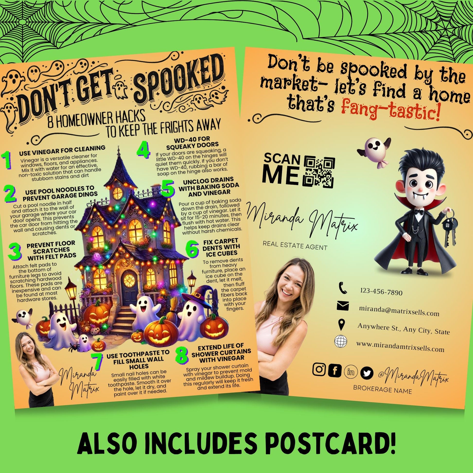 Editable Halloween Realtor postcard featuring eight homeowner maintenance hacks, haunted house graphics, ghosts, pumpkins, and customizable Realtor branding in Canva.