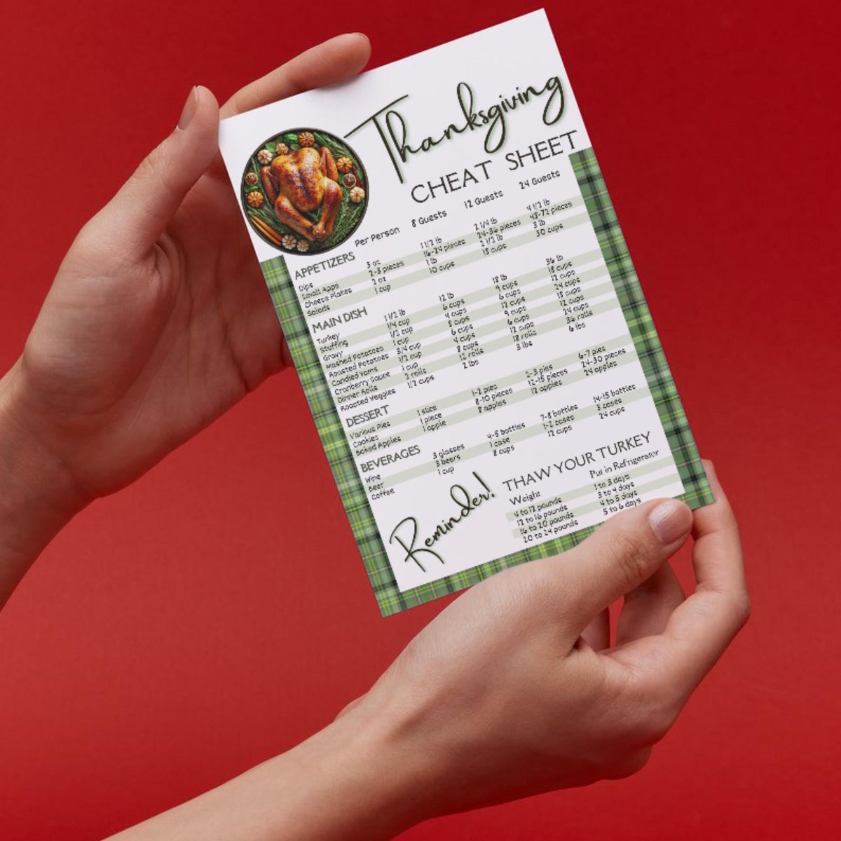 Thanksgiving realtor mailing postcard template with address lines, turkey photo, green plaid border and customizable agent branding