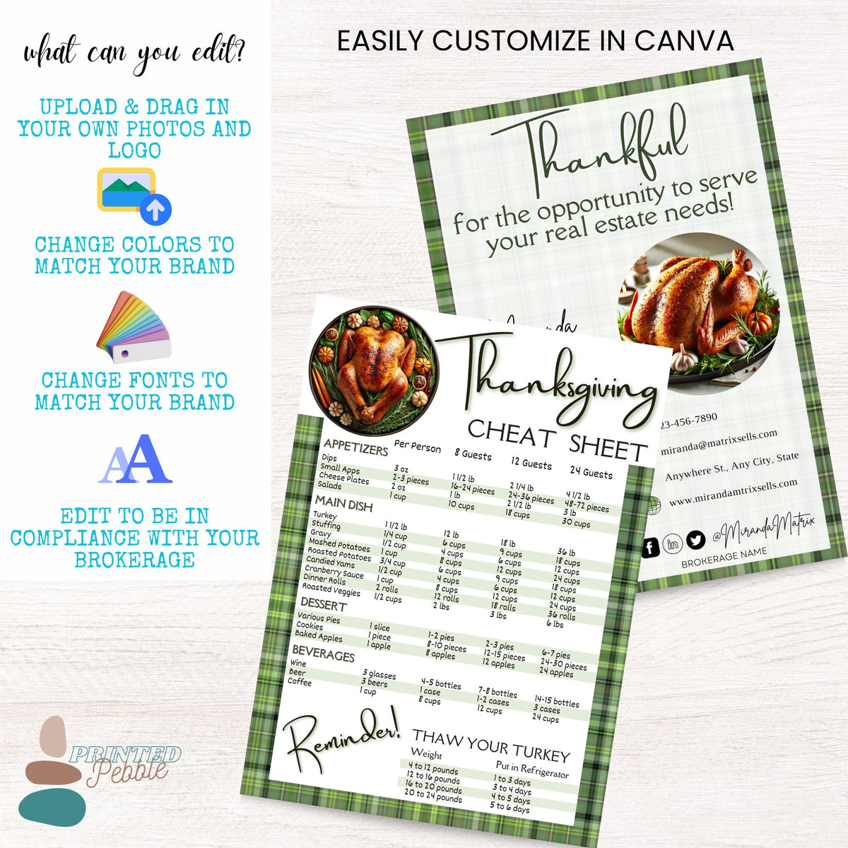 Thanksgiving realtor postcard cheat sheet featuring serving size guide, turkey thawing reminder and green plaid fall design
