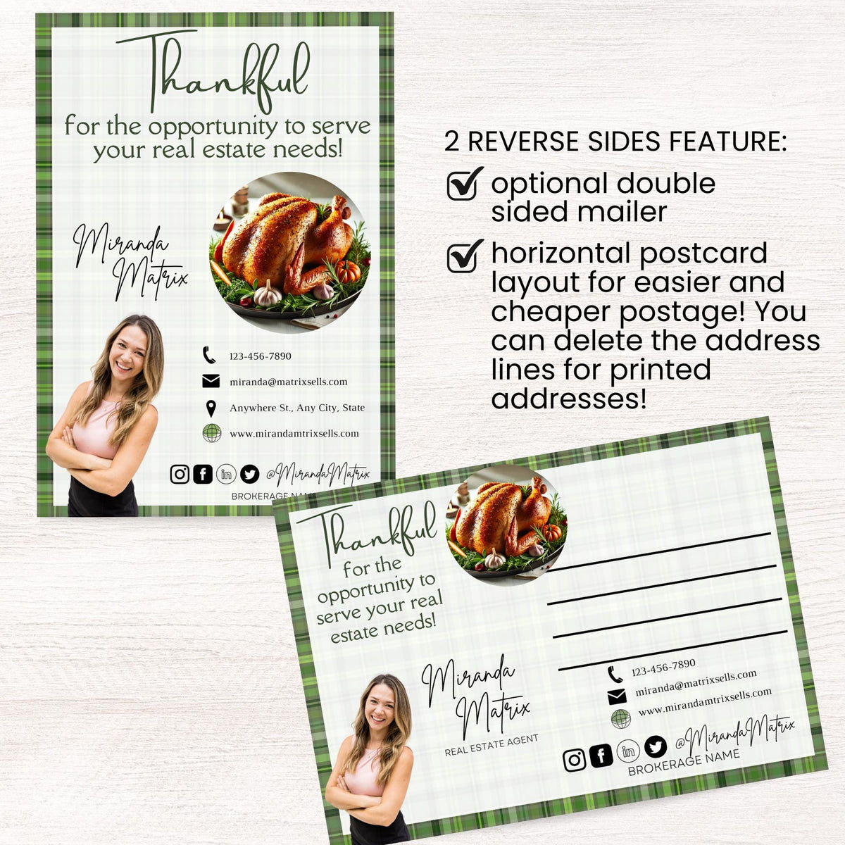 Editable Thanksgiving real estate postcard with turkey image, agent photo, contact details and thankful holiday message