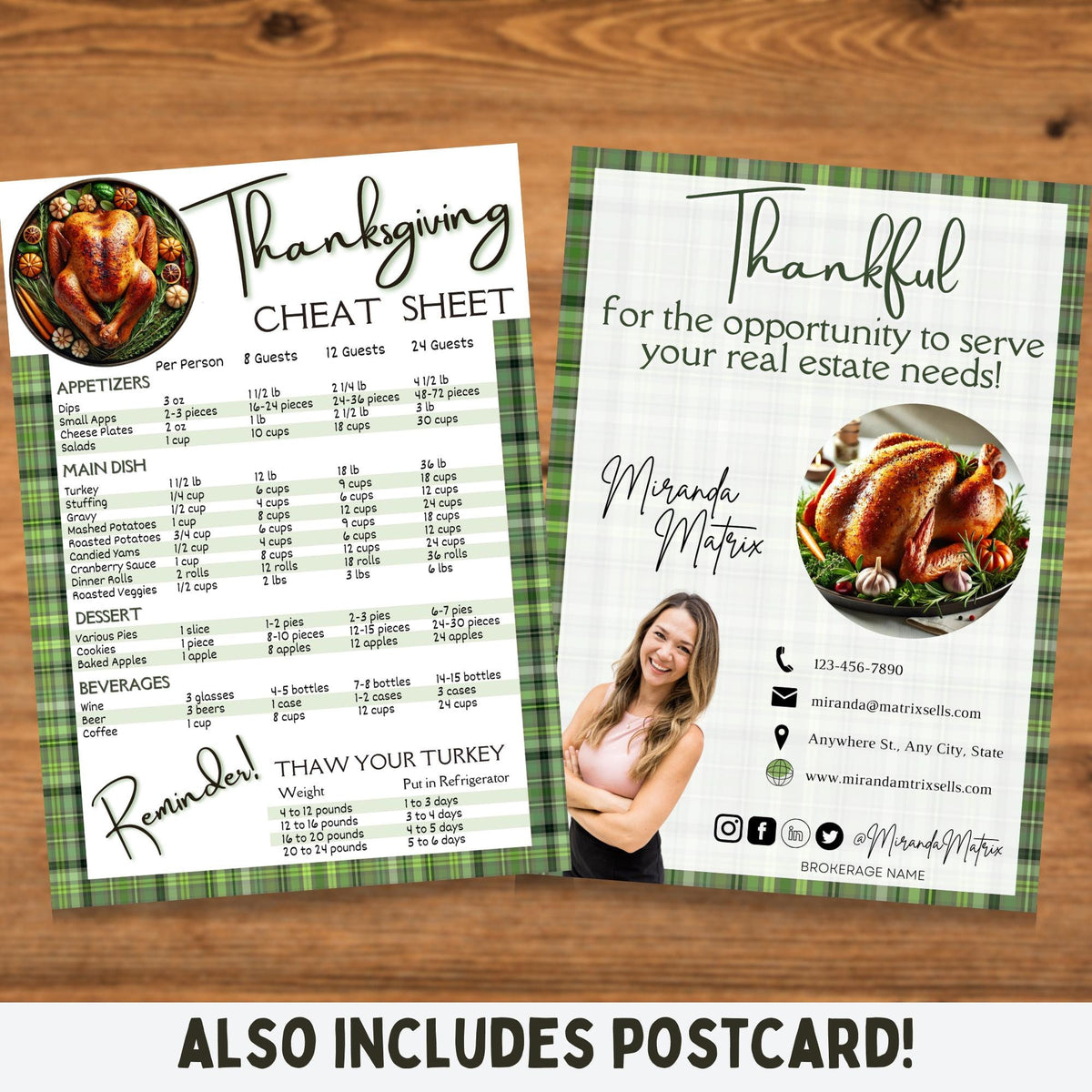 Thanksgiving realtor postcard cheat sheet featuring serving size guide, turkey thawing reminder and green plaid fall design
