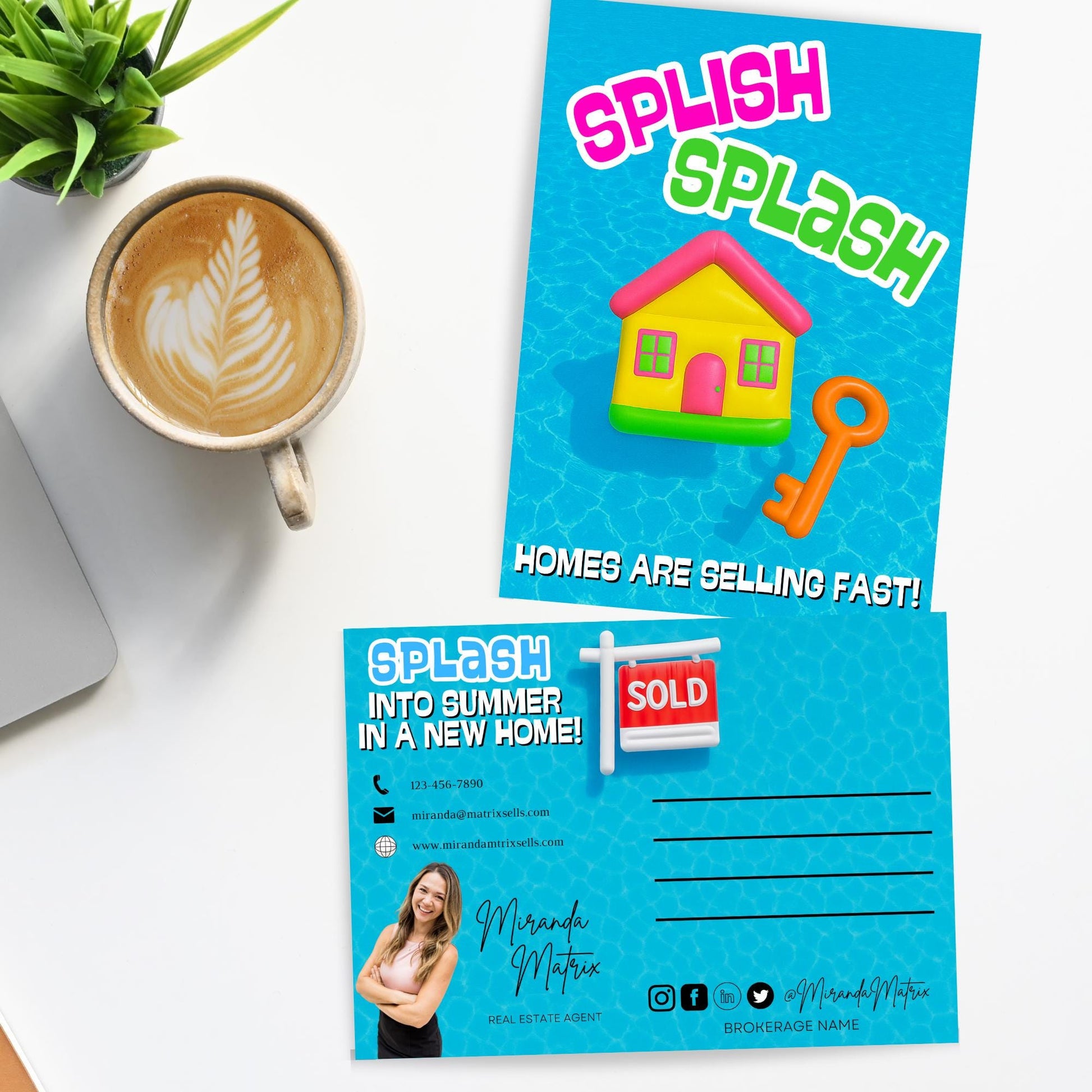 Front and back realtor postcard template designed for summer marketing campaigns with editable contact details and social media icons.