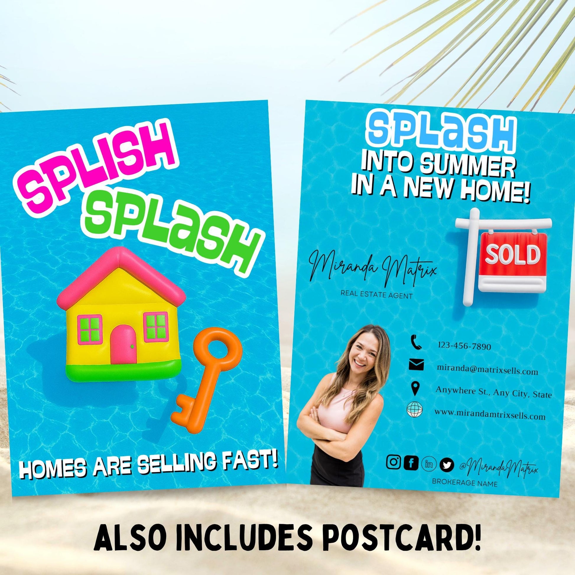 Fun and vibrant summer realtor postcard Canva template with tropical pool vibes, bold typography, and real estate branding elements.