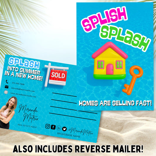 Colorful summer real estate postcard template with pool water background, sold sign graphic, and bold splash-themed typography for realtors.
