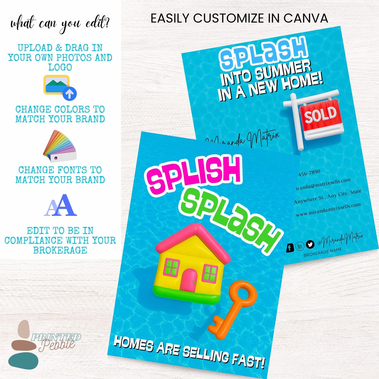 Modern summer real estate flyer template with bright blue water background, customizable realtor information, and playful seasonal design.