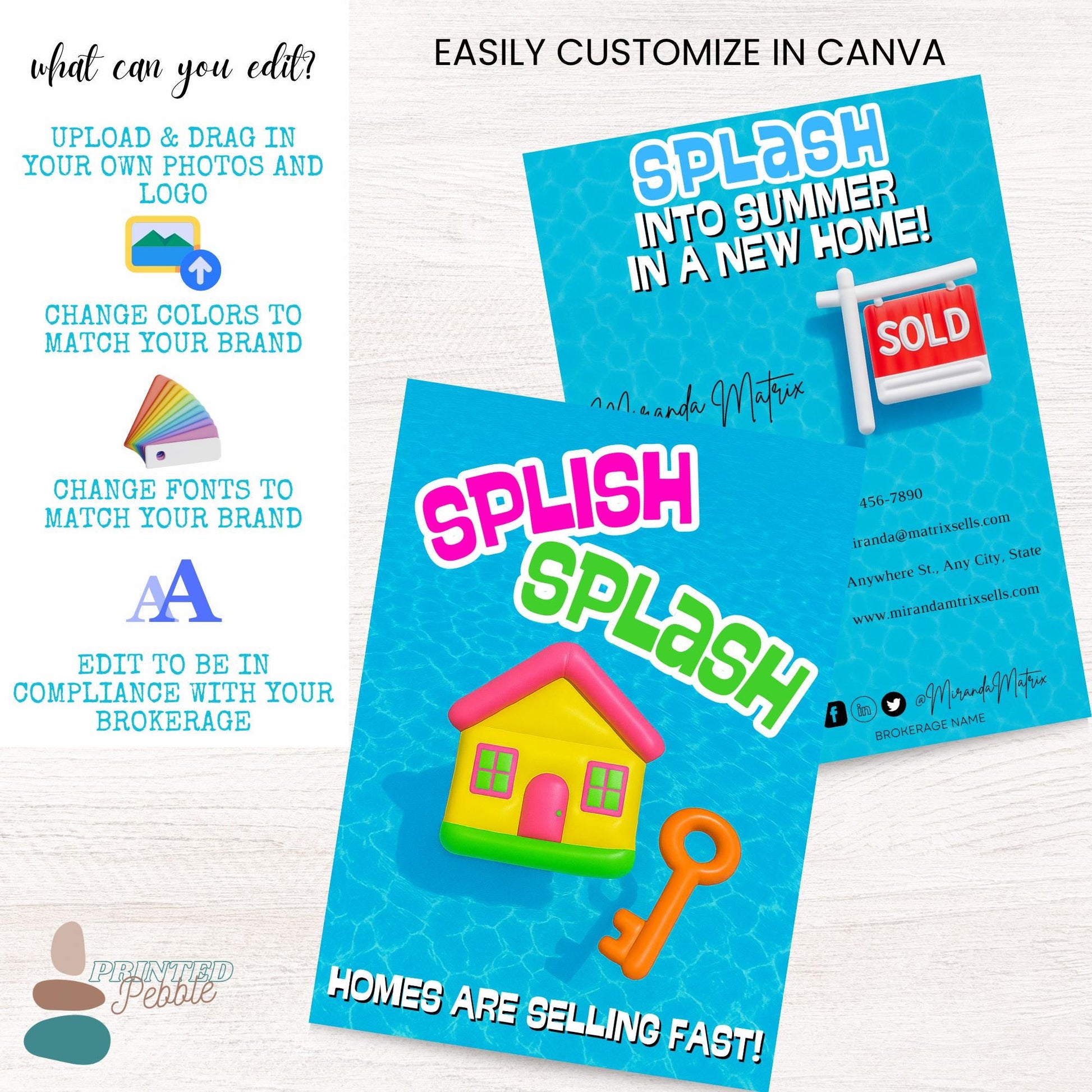 Modern summer real estate flyer template with bright blue water background, customizable realtor information, and playful seasonal design.