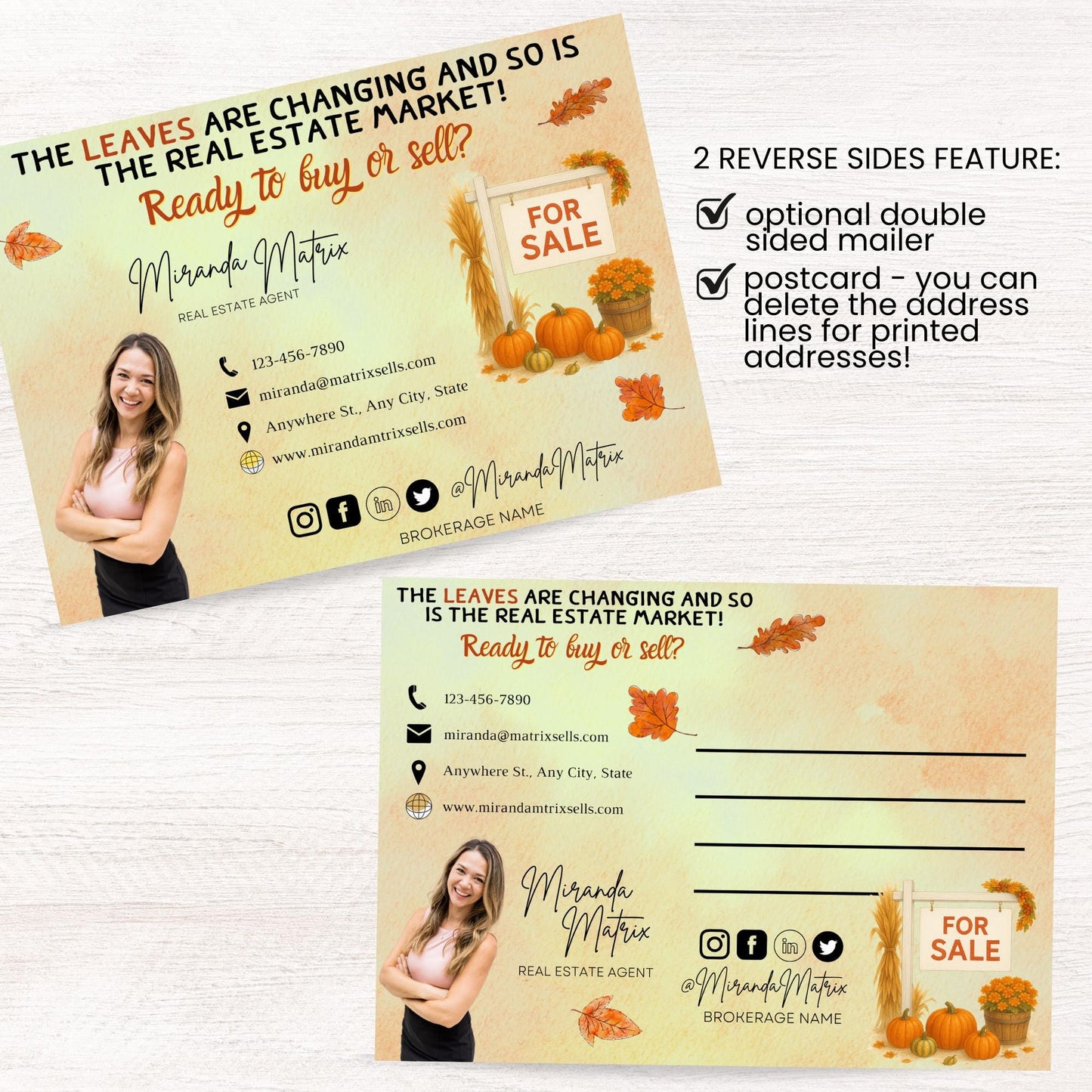 Autumn real estate marketing Canva template with fall curb appeal checklist, cozy home illustration, Realtor contact information, and editable postcard design.