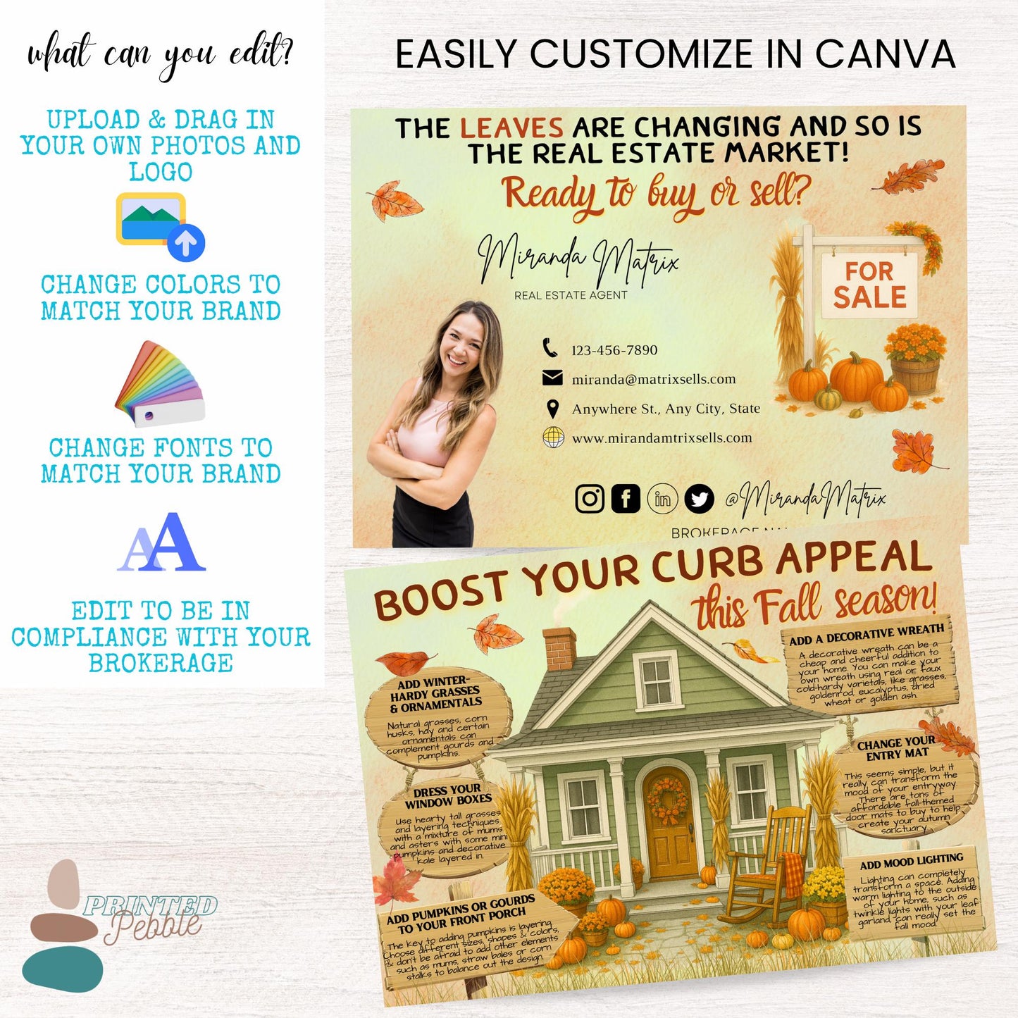 Printable fall Realtor postcard featuring home exterior improvement tips, autumn decorations, pumpkins, leaves, and customizable Canva template.