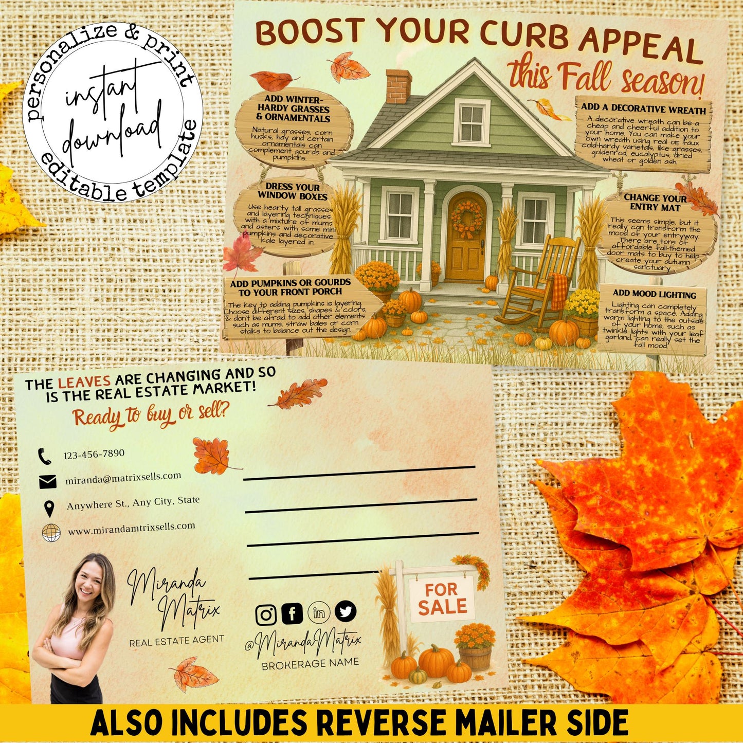 Editable fall Realtor postcard featuring seasonal curb appeal tips, autumn home decor ideas, pumpkins, and customizable real estate branding in Canva.