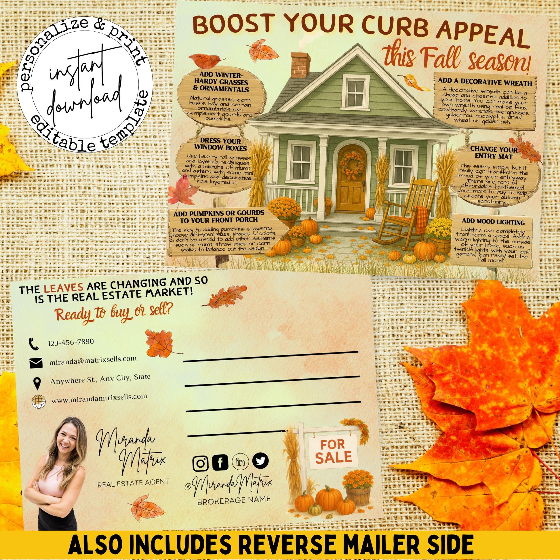 Editable fall Realtor postcard featuring seasonal curb appeal tips, autumn home decor ideas, pumpkins, and customizable real estate branding in Canva.